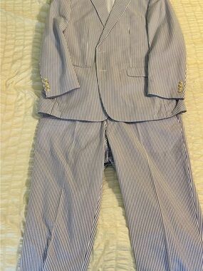 Blue and White Striped Seersucker Two-Piece Suit